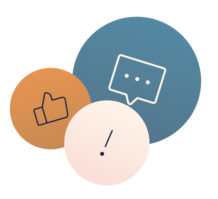 Circles with thumbs up, text bubble, and exclamation point